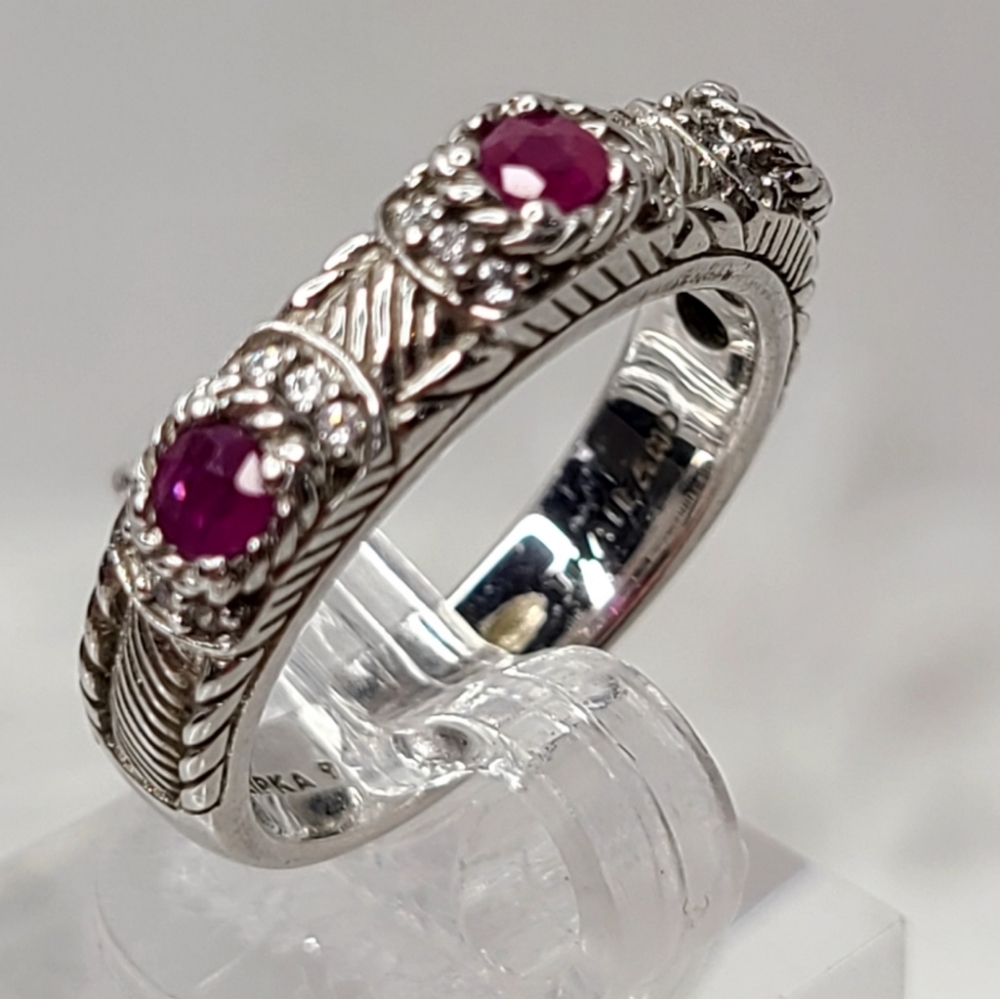 Judith Ripka Sterling Silver and Ruby Ring. Size 8